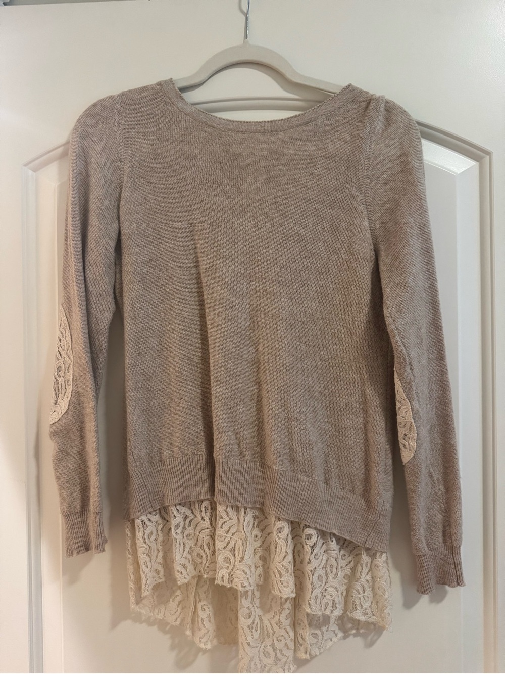 Beige Knit Sweater with Lace Hem